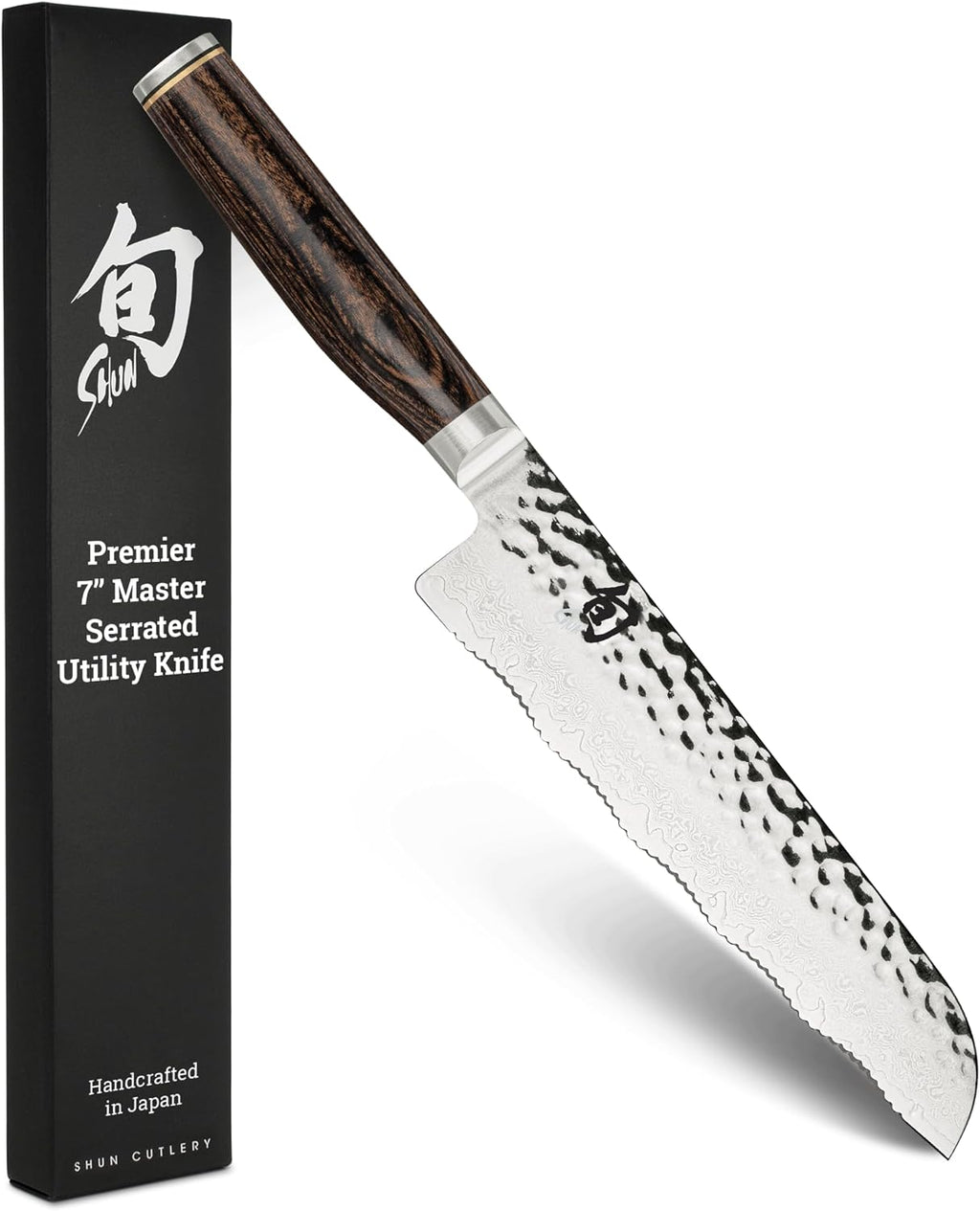 Shun Premier 7' Master Serrated Utility Knife, Handcrafted Japanese All Purpose Kitchen Knife, VG-MAX Core with Damascus Stainless Steel Cladding, Pakkawood Handle, for Professional and Home Chefs