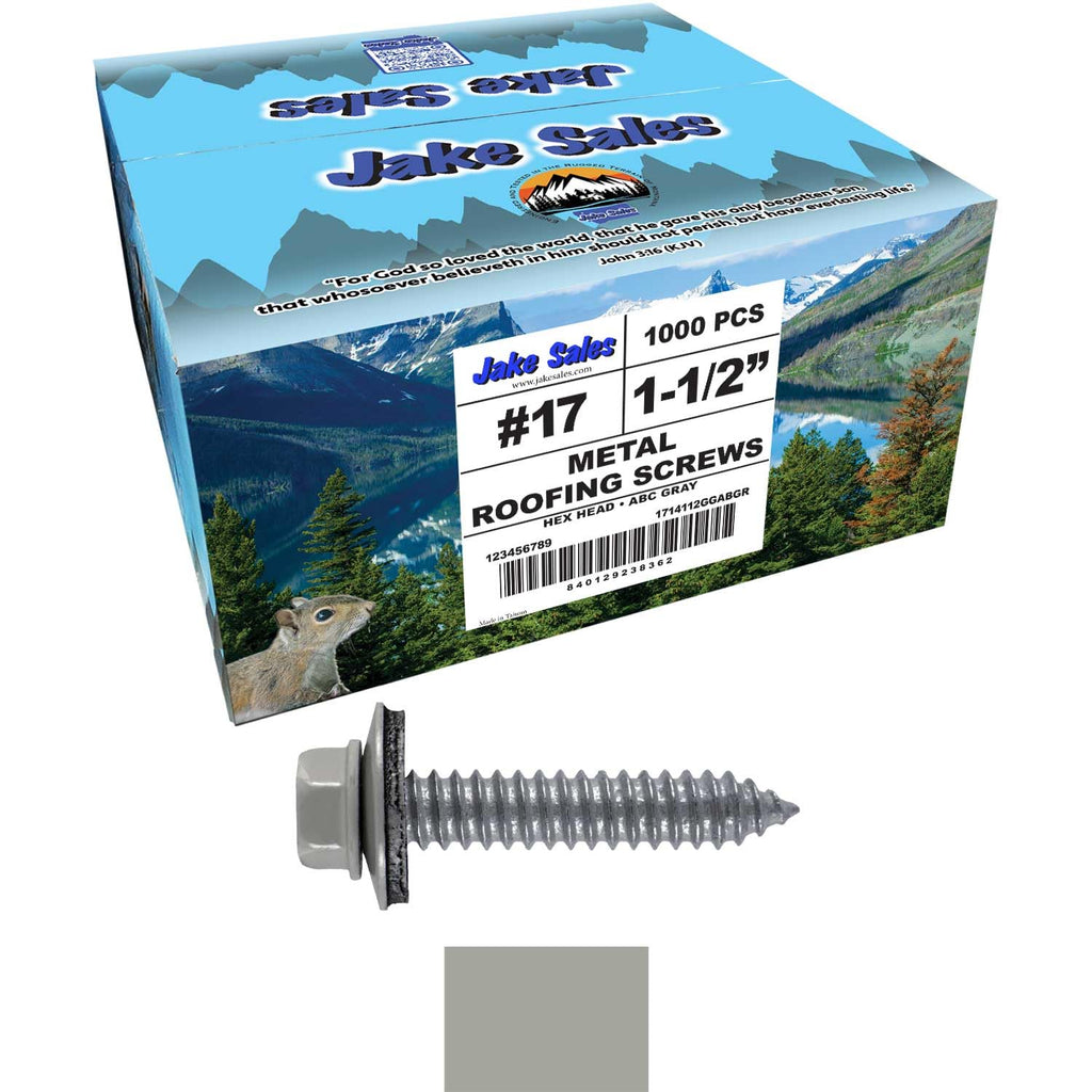 17 x 1-1/2' ABC Gray Metal Roofing Screws - Metal Panel to Metal Purlins and Recovery Screws - Hex Washer Head - EPDM Washer. 4 X 250 Bags - 1,000 Screws