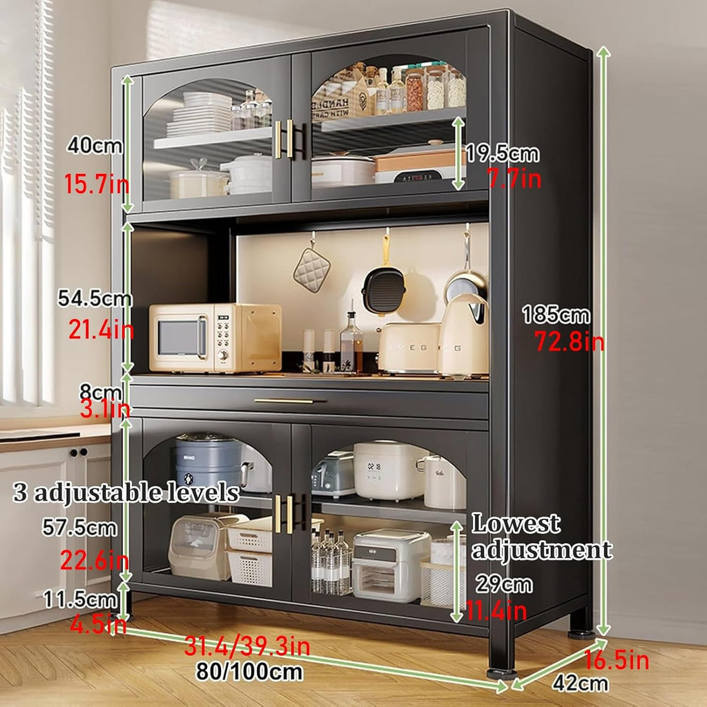 JKGHK Kitchen Pantry Cabinet Buffet with Drawer Storage, 72.8in Microwave Stand with 3 Adjustable Levels, Standing Bakers Racks with Glass Doors, for Dining Room(Black,80cm/31.4in)