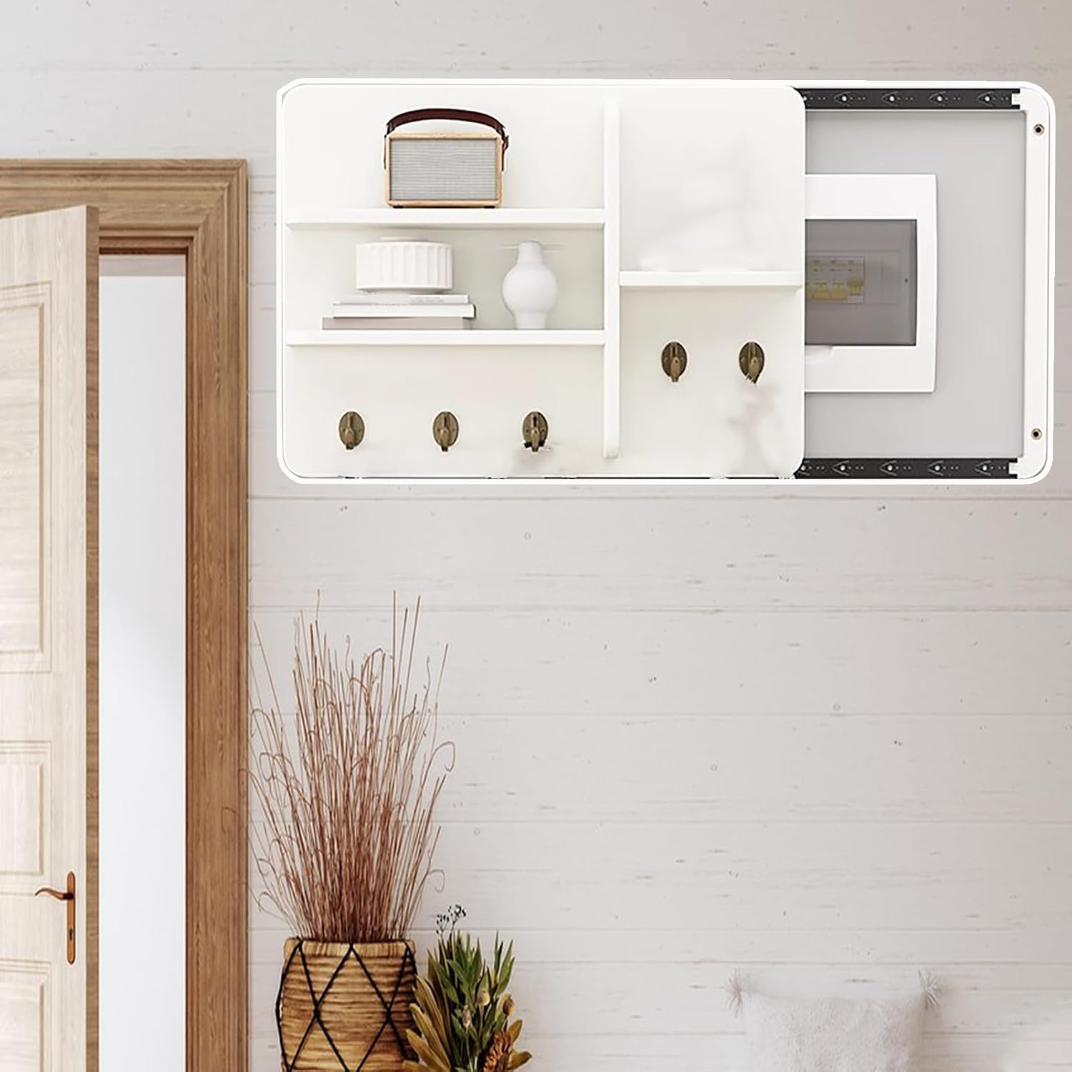 Sliding Door Electrical Panel Box Cover Wooden, Wall Mounted Hide Breaker Box Cover for Circuit Distribution Box, Indoor Meter Box Covers(Style/B,55x45cm(21 5/8x17 3/4'))