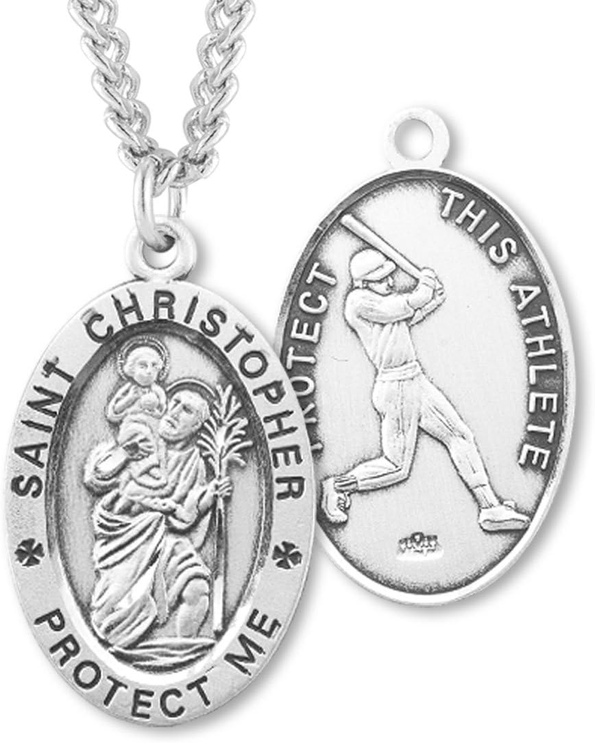 Heartland Men's Sterling Silver Saint Christopher Baseball Medal – Made in USA, Custom Chain Options, Ideal Present for Athletes, Baseball Players, and Sports Enthusiasts