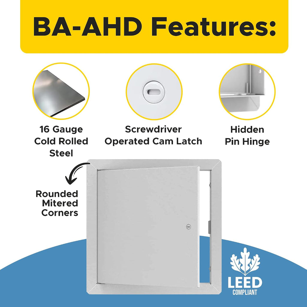 Best BA-AHD 12' x 16' Metal Access Panel with Concealed Pin Hinge, LEED Compliant 16-Gauge Steel Access Door for Non-Rated Drywall/Ceilings, White Drywall Panel with Rounded Corners, Screwdriver Latch