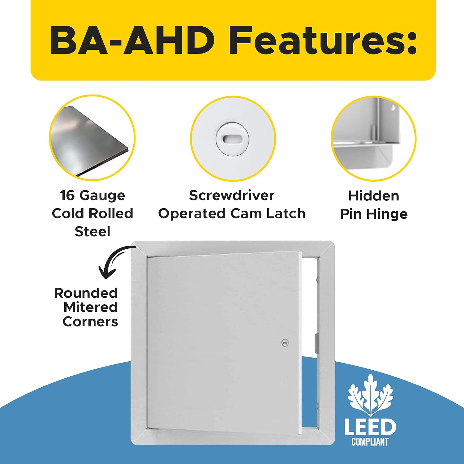 Best BA-AHD 12' x 16' Metal Access Panel with Concealed Pin Hinge, LEED Compliant 16-Gauge Steel Access Door for Non-Rated Drywall/Ceilings, White Drywall Panel with Rounded Corners, Screwdriver Latch