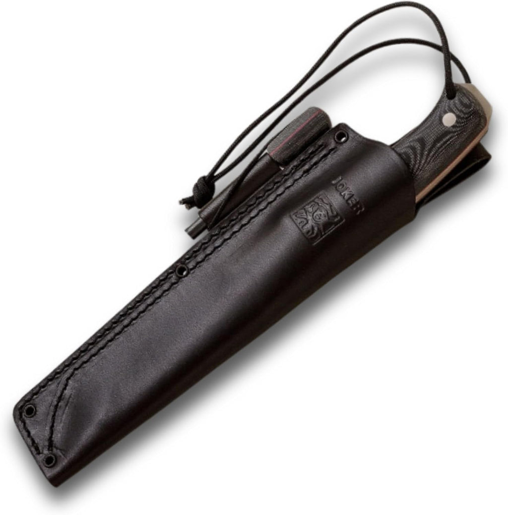 Joker Nomad 6.5 CM137-P Survival Knife, 6.5 in Böhler N695 Blade, Black Micarta Handle, Leather Sheath with Ferro Rod, Made in Spain, for backcountry travel, camp chores, fishing trips and bushcraft