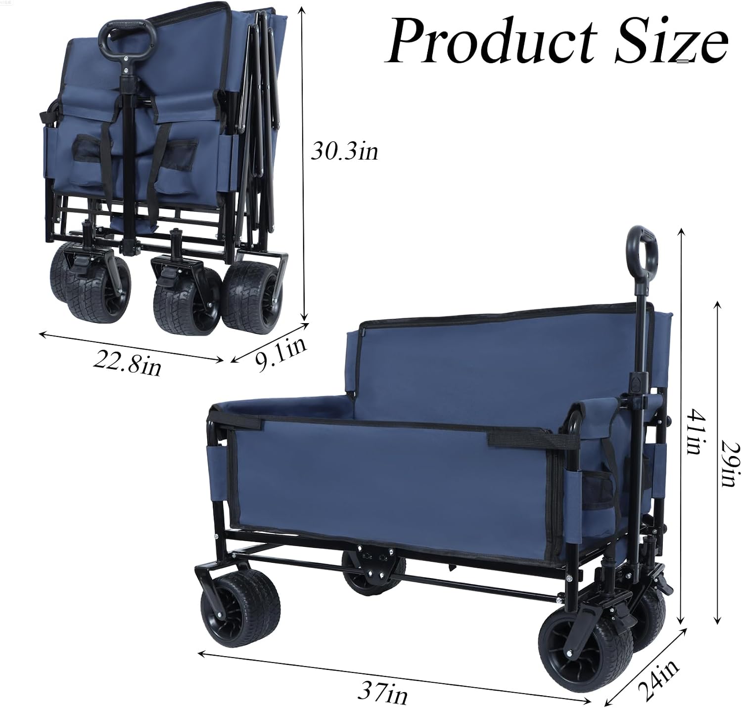 Convertible Folding Wagon Cart, 500lbs Heavy-Duty Utility Wagon with Bench Seat & Storage, 180L Capacity, All-Terrain Wheels for Camping, Beach, Sports, Garden
