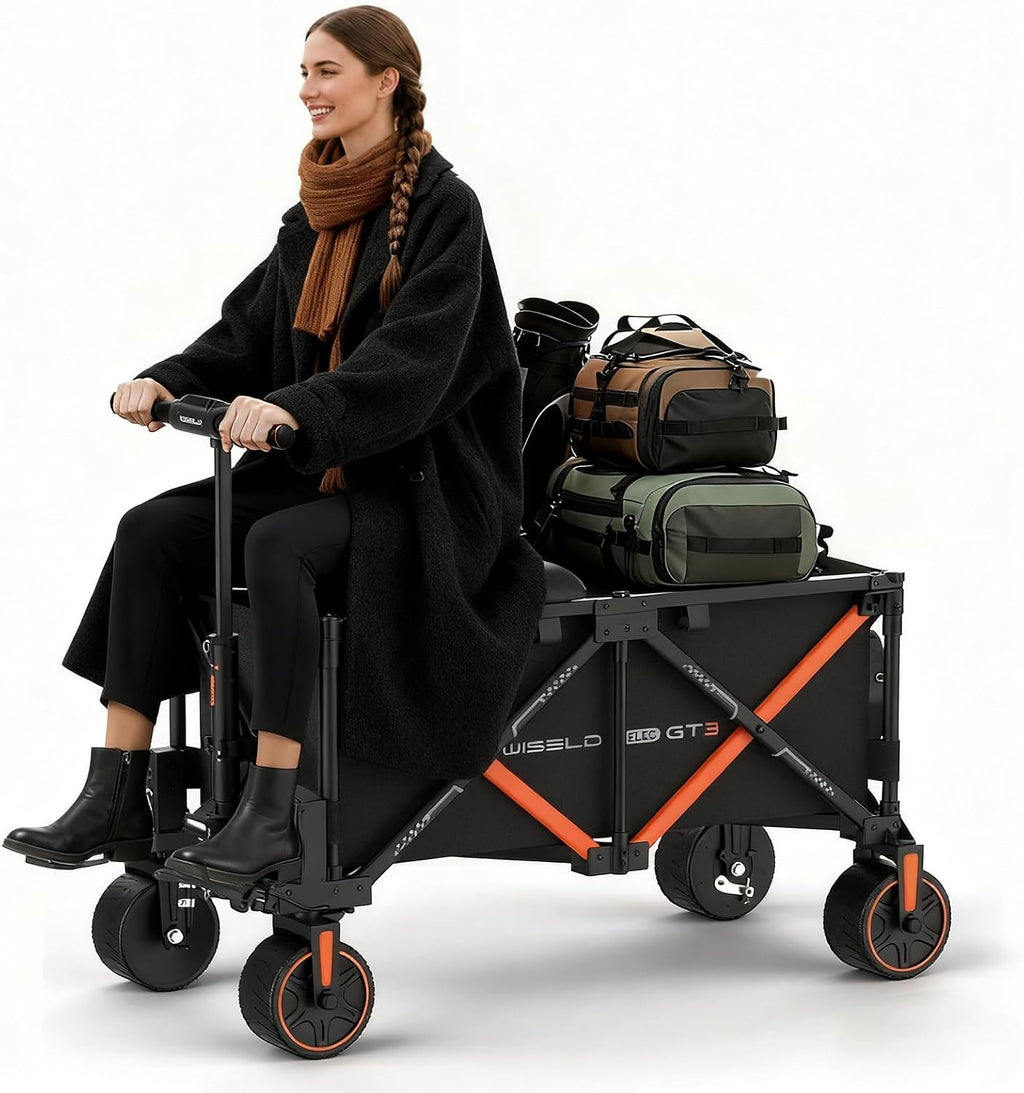 WISELD GT3 Electric Wagon Cart with Seat, Dymanic Load 551LBS/Static 771LBS All Terrain Wagon, Reverse Function, Precision Steering, 2 Modes for Shopping, Sports, Garden, Camping