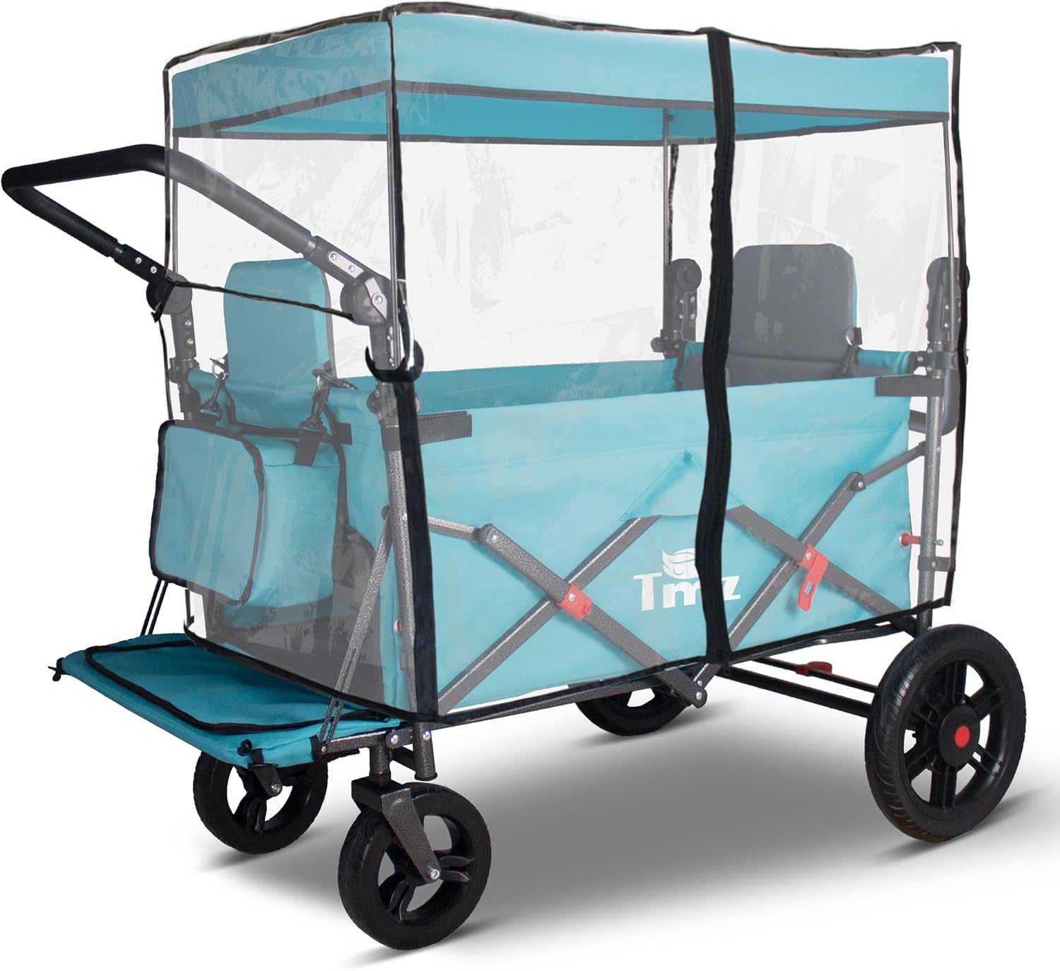 TMZ Foldable Wagon with Rain Cover & 2 Seats, Collapsible Folding Wagon with Adjustable Handle Bar, Multi Functional Cart with Canopy, Front Expandable Garden Cart (Transparent/Turquoise)