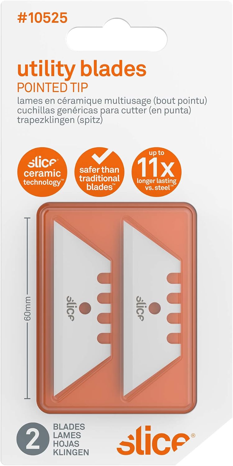 Slice 10525-CS Ceramic Utility Blades (Pointed Tip), True Safety Blades, Finger Friendly, Safe to Touch, 11x Longer Lasting Than Metal, Double-Sided Blades Extend Blade Life, Never Rusts (12 Blades)