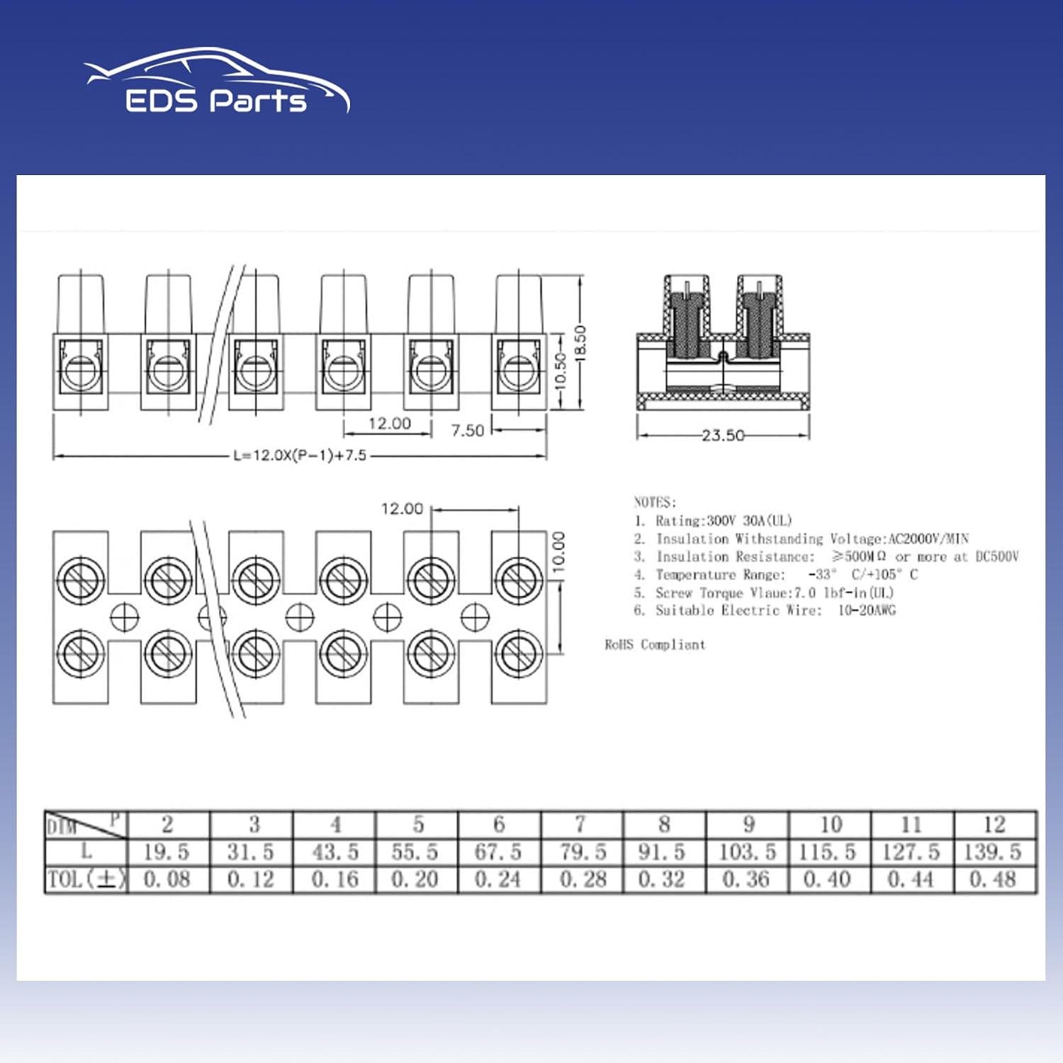 EDS 12 Position / 24 Contact Dual Row Terminal Block Electrical Barrier Strip Dual Row Screw Connector 30 Amp 380V HVAC Panel Chassis Mount etc. ES1200/12DSFB - (70 Pack)