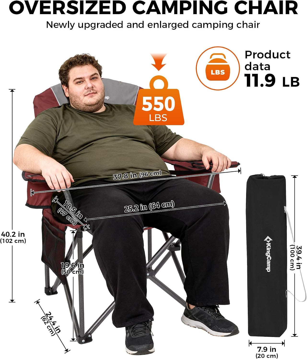 KingCamp Oversized Camping Chair with Adjustable Lumbar Support, 550lbs Heavy Duty Padded Folding Lawn Chair for Adults, Outdoor Armchair with Cooler Bag, Cup Holder & Side Pocket for Fishing, Travel