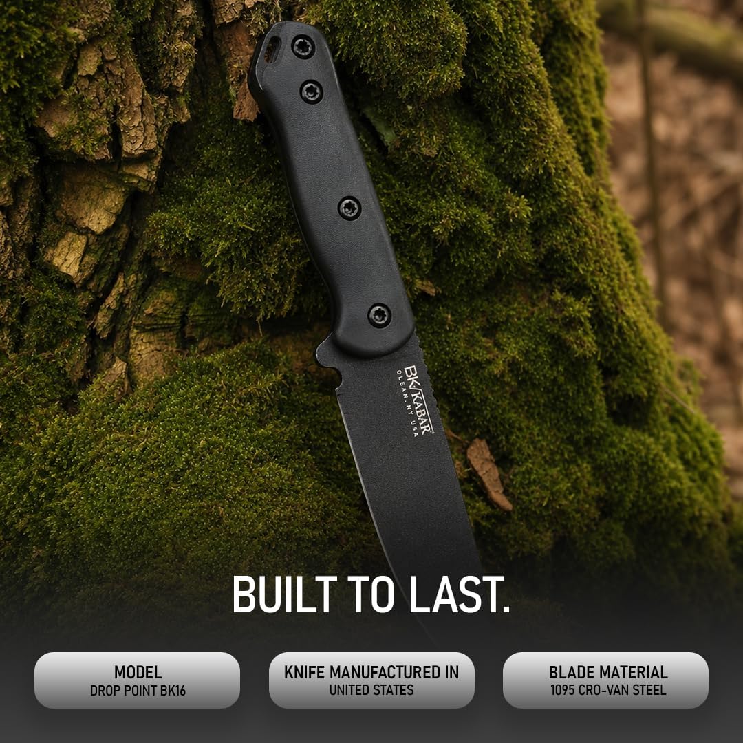 KA-BAR BK16 Becker Fixed Blade Knife 4.4' Drop Point 1095 Cro-Van Black Powder Coat Blade Grivory Handle Black