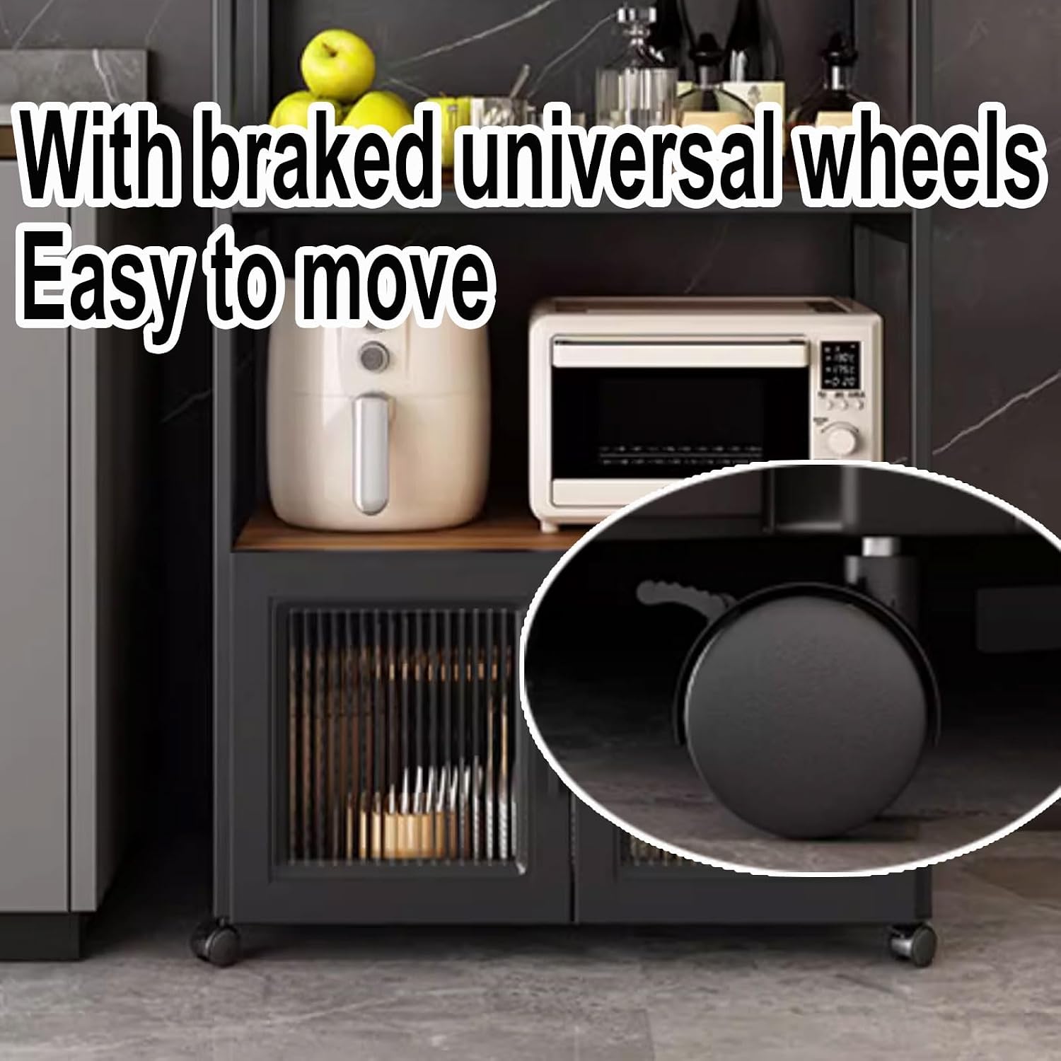 Freestanding Multi-Layer Kitchen Floor Cupboard，Microwave Storage Stand,Bakers Rack with Cabinet Made of Particle Board Kitchen Baker's Rack with Flip Door Cabinet and Drawer 4-Tier Freestan