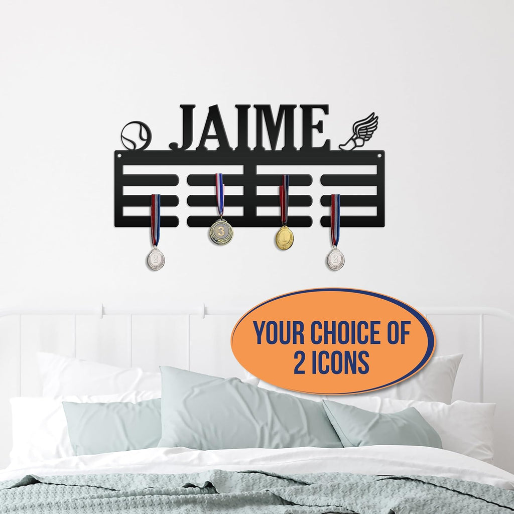 Awards Medal Holder - 2 Sports Icons - Laser Cut Wall Decor - Kids Room Medal Display Art - Personalized Metal Sign - Unique Senior Gift (30 x 17 inches)