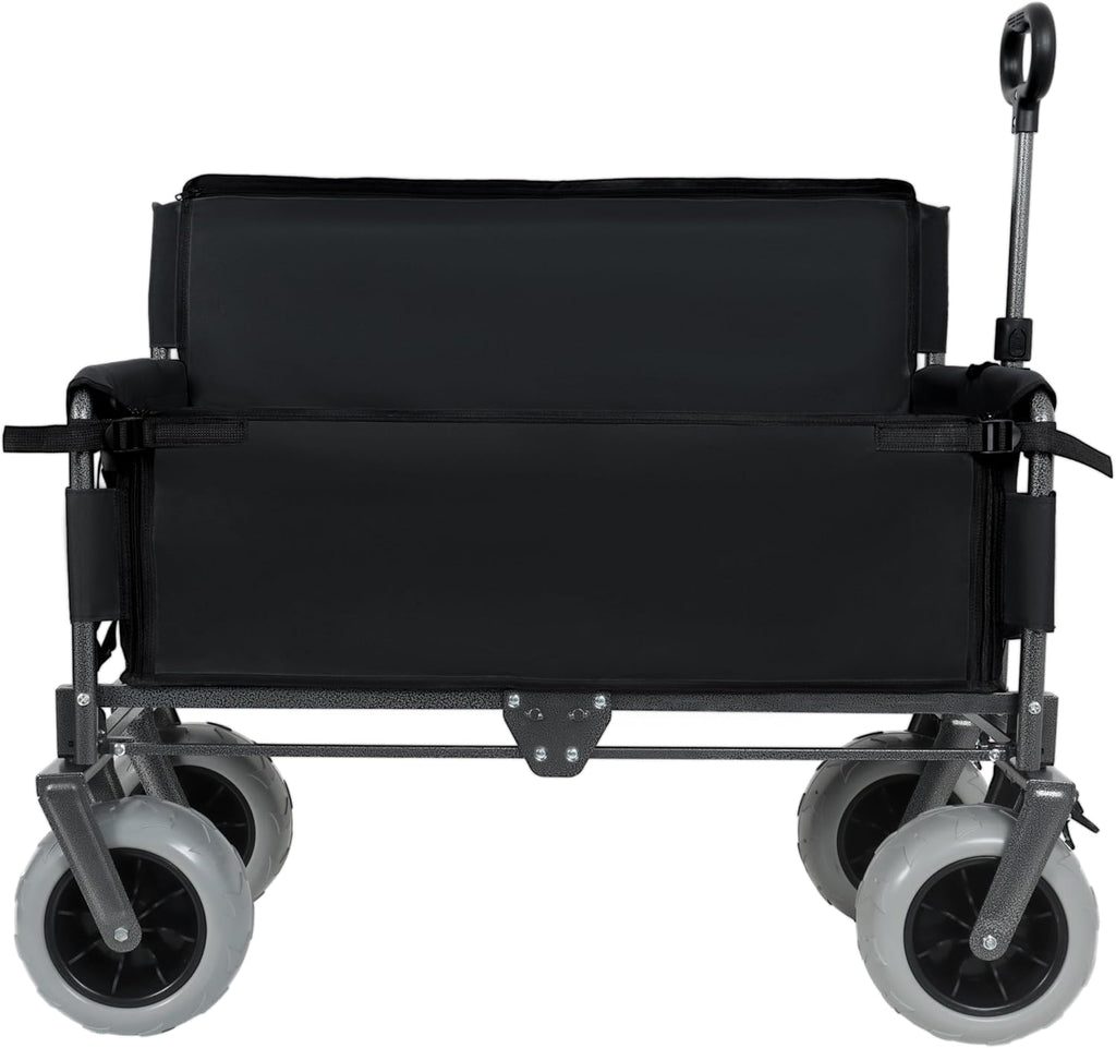 3-in-1 Folding Wagon with Bench Seat – 500lbs Capacity, 9'x4' Beach Tires for Camping & Beach (Black)