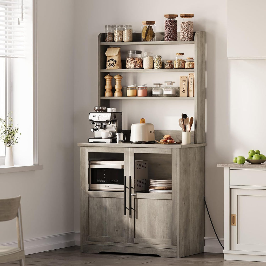 IDEALHOUSE Bakers Rack With Storage Cabinet, Microwave Stand With Power Outlets, Farmhouse Bakers Rack With Thick Table Top, Small Kitchen Pantry for Kitchen,Dining Room,Retro Gray