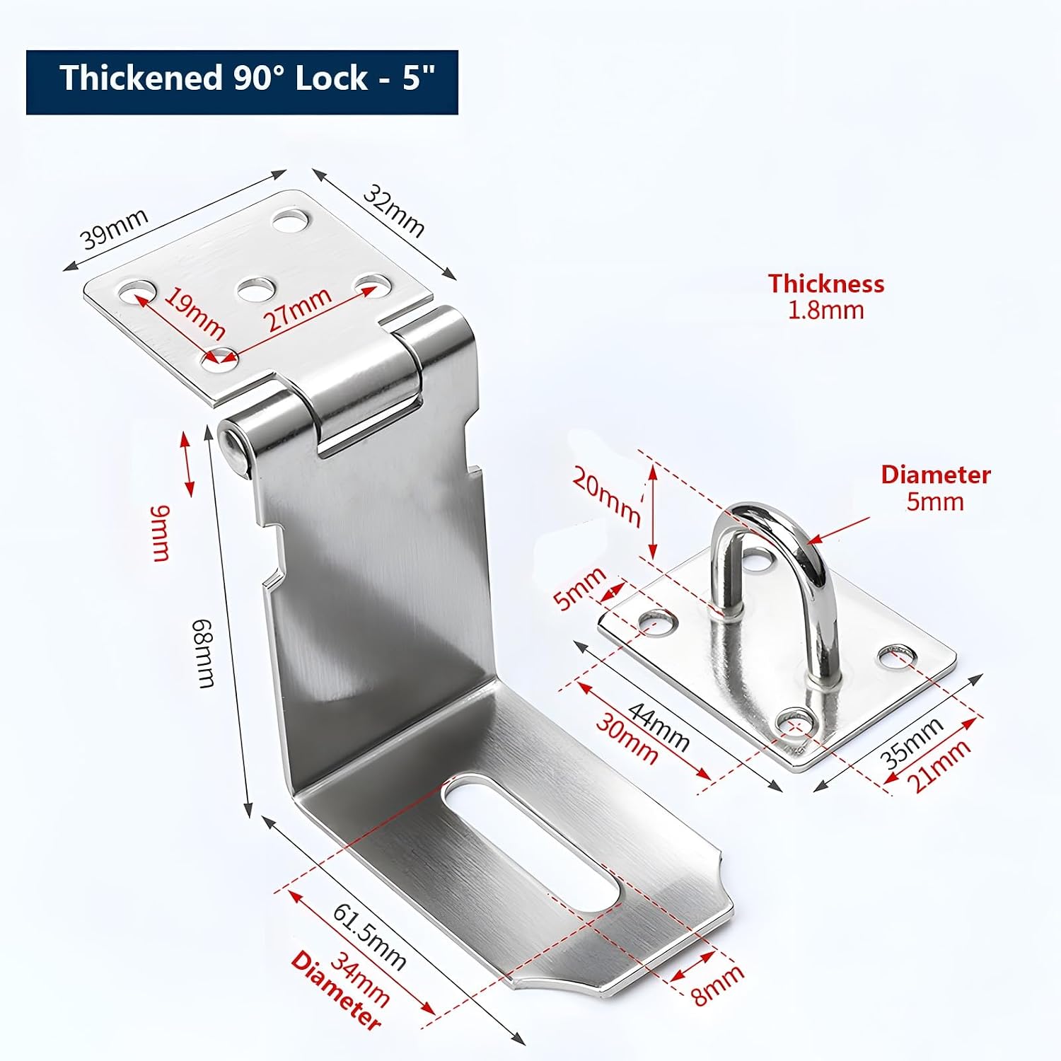 30 Pack Right Angle Hasp Latch, 201 Stainless Steel 90 Degree Door Clasp Hasp Lock Latch, for Push/Sliding/Barn Doors (3/4/5inch)(5inch)