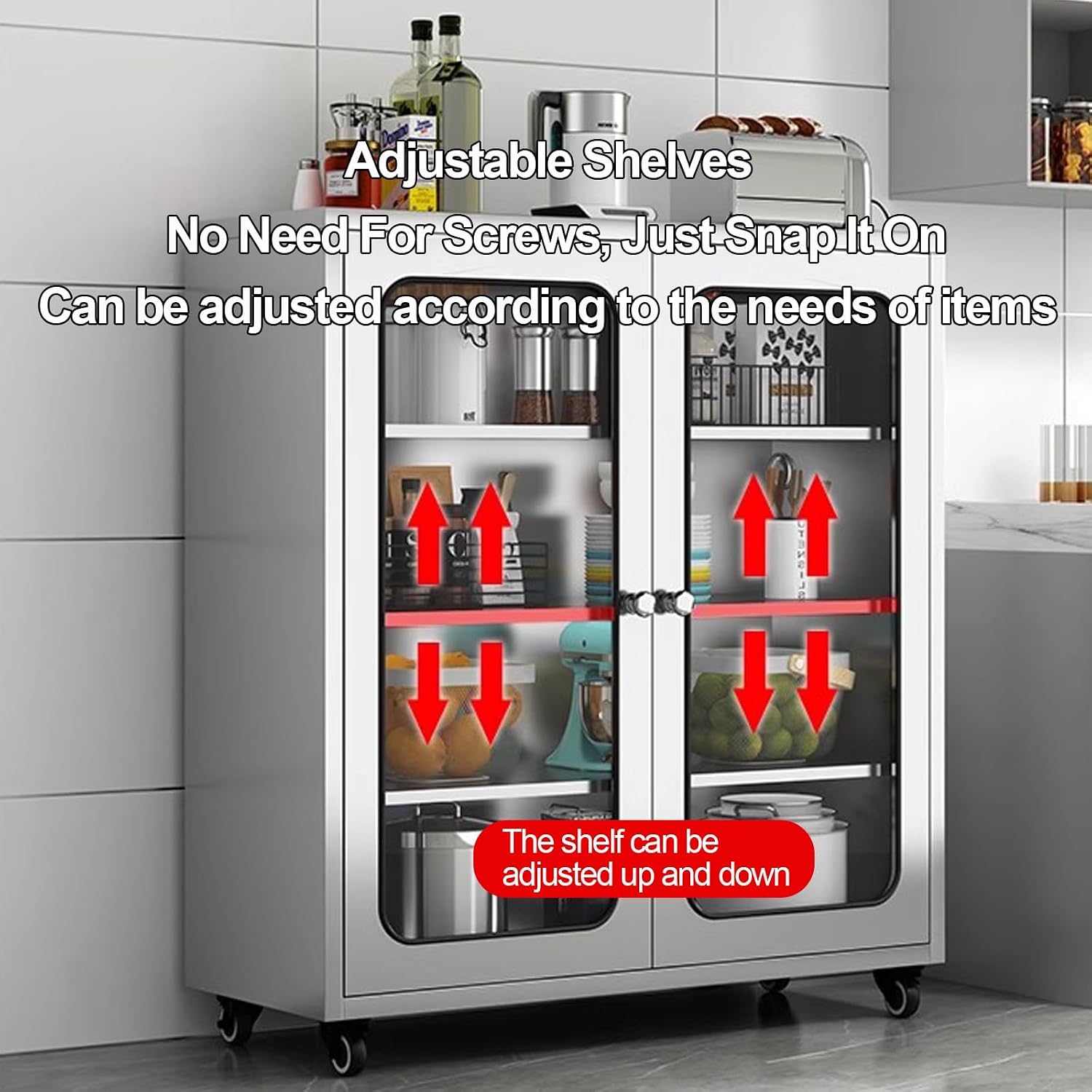 Kitchen Bakers Rack with Glass Door Storage Cabinets and Movable Sideboards Space Saving Microwave Stand for Kitchen Storage