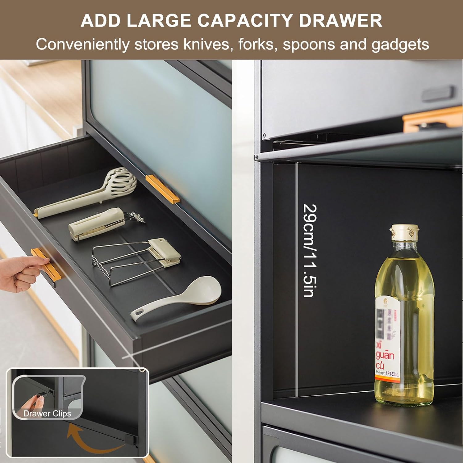 5 Tier Microwave Stand with Cabinet and Drawer for Kitchen Storage Standing Bakers Rack Black Metal Shelves Brakeable Casters Ideal for Pantry Or Living Room Nization,Black,60×135cm/23.6×53in