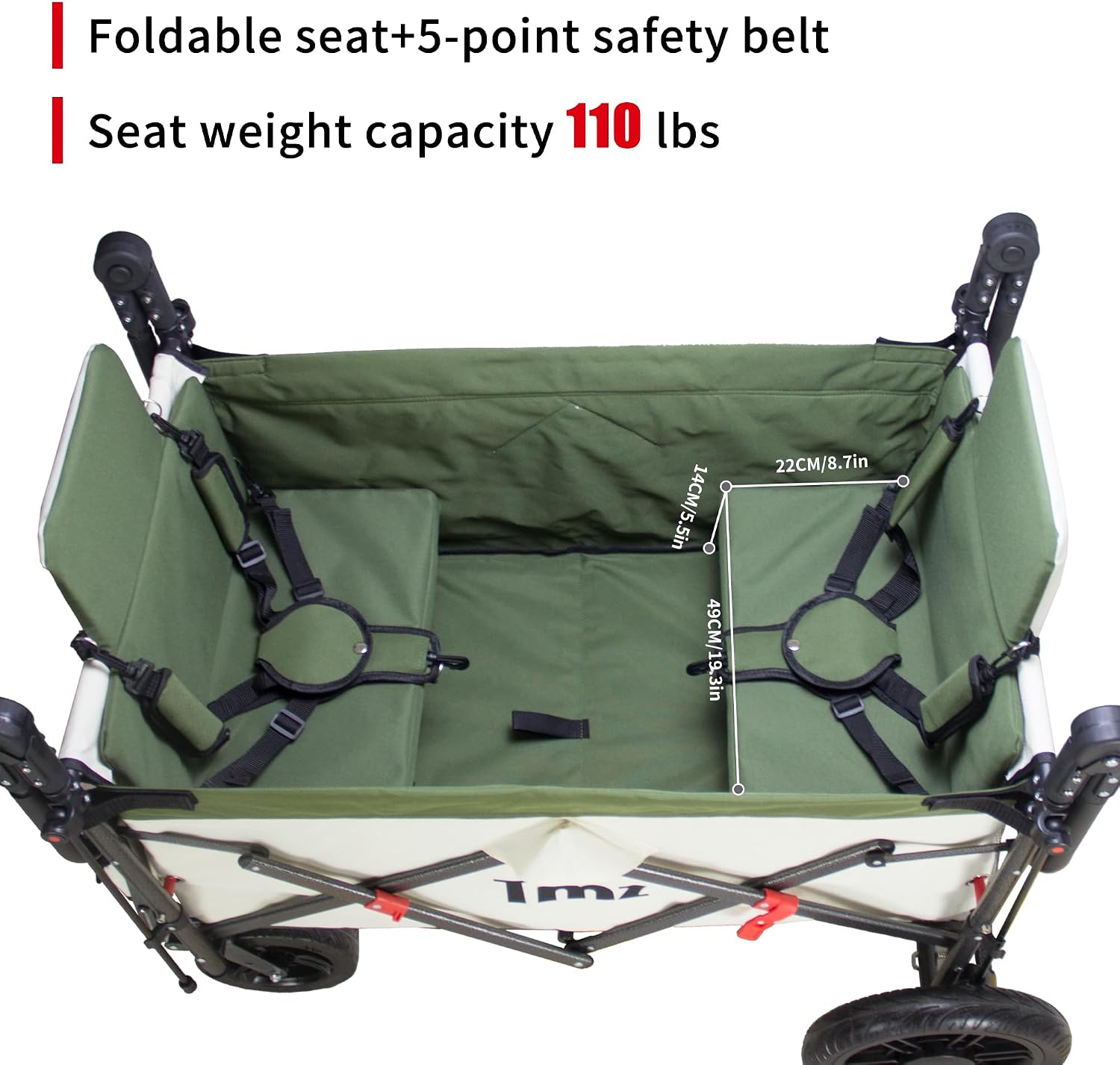 TMZ Collapsible Wagon with 2 Foldable Seats, Folding Wagon with Canopy, Multi Functional Cart with Adjustable Handle Bar, Front Expandable for Transport Camping (Green/Beige)