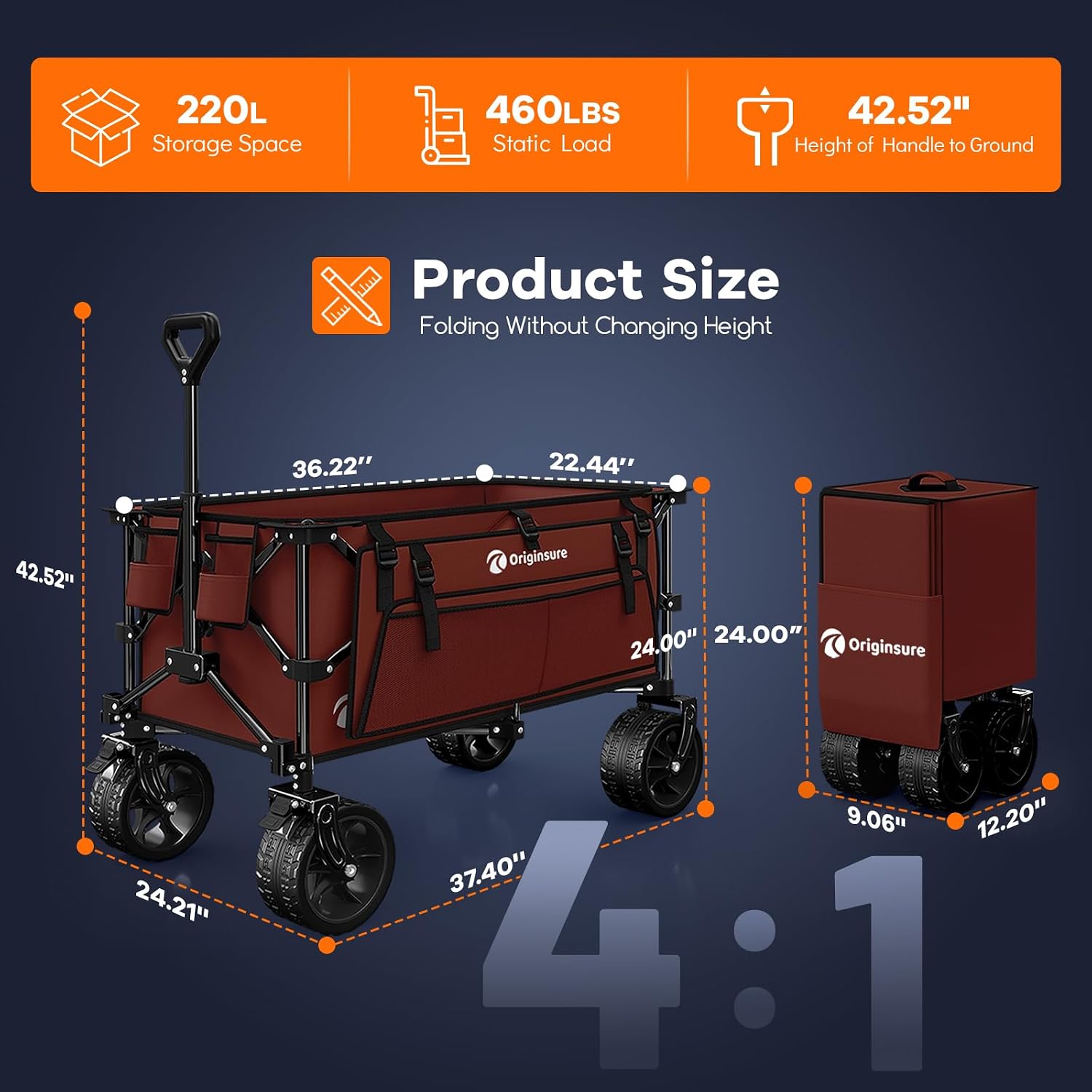 Originsure 220L Collapsible Wagon Cart Foldable, 460lbs Load Capacity Heavy Duty Folding Beach Wagons with Big All-Terrain Wheels, Utility Carts for Groceries, Shopping, Camping, Sports - Red