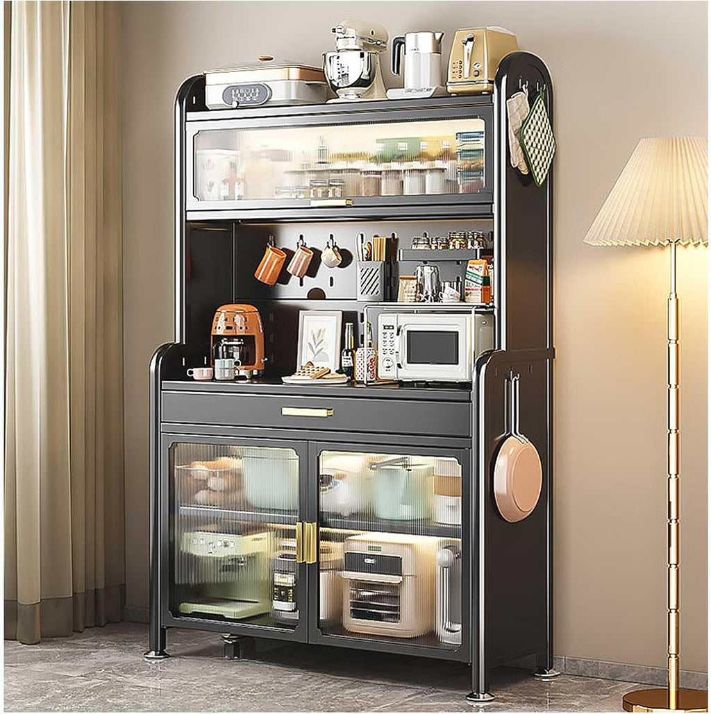 Modern 5 Tier Kitchen Bakers Rack with Adjustable Shelf Drawer & Cabinet Multifunctional Microwave Stand & Buffet Coffee Bar Pantry Storage Organizer in Black 179×80cm