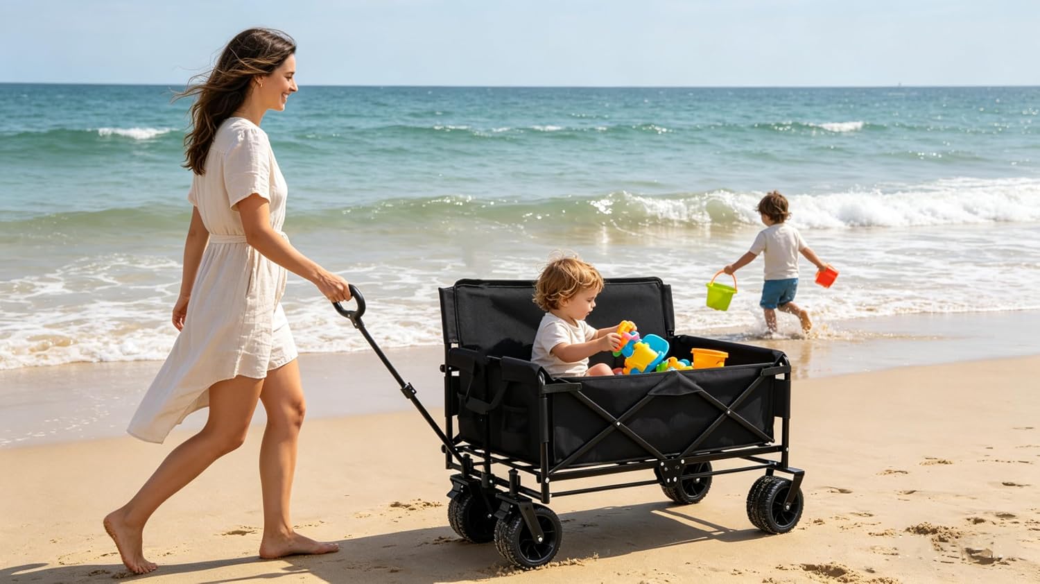 3-in-1 Convertible Folding Wagon Cart with Bench Seat & Storage - 500lbs Heavy-Duty Utility Wagon, 180L Capacity All-Terrain Wheels for Camping, Beach, Sports, Garden (Black)