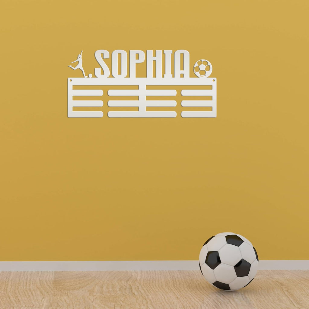 Medal Holder, Personalized Award Wall Rack, Metal Custom Name Hanging Display for Soccer Awards - Boys and Girls Sports Bedroom Sign (30 x 17 inches)