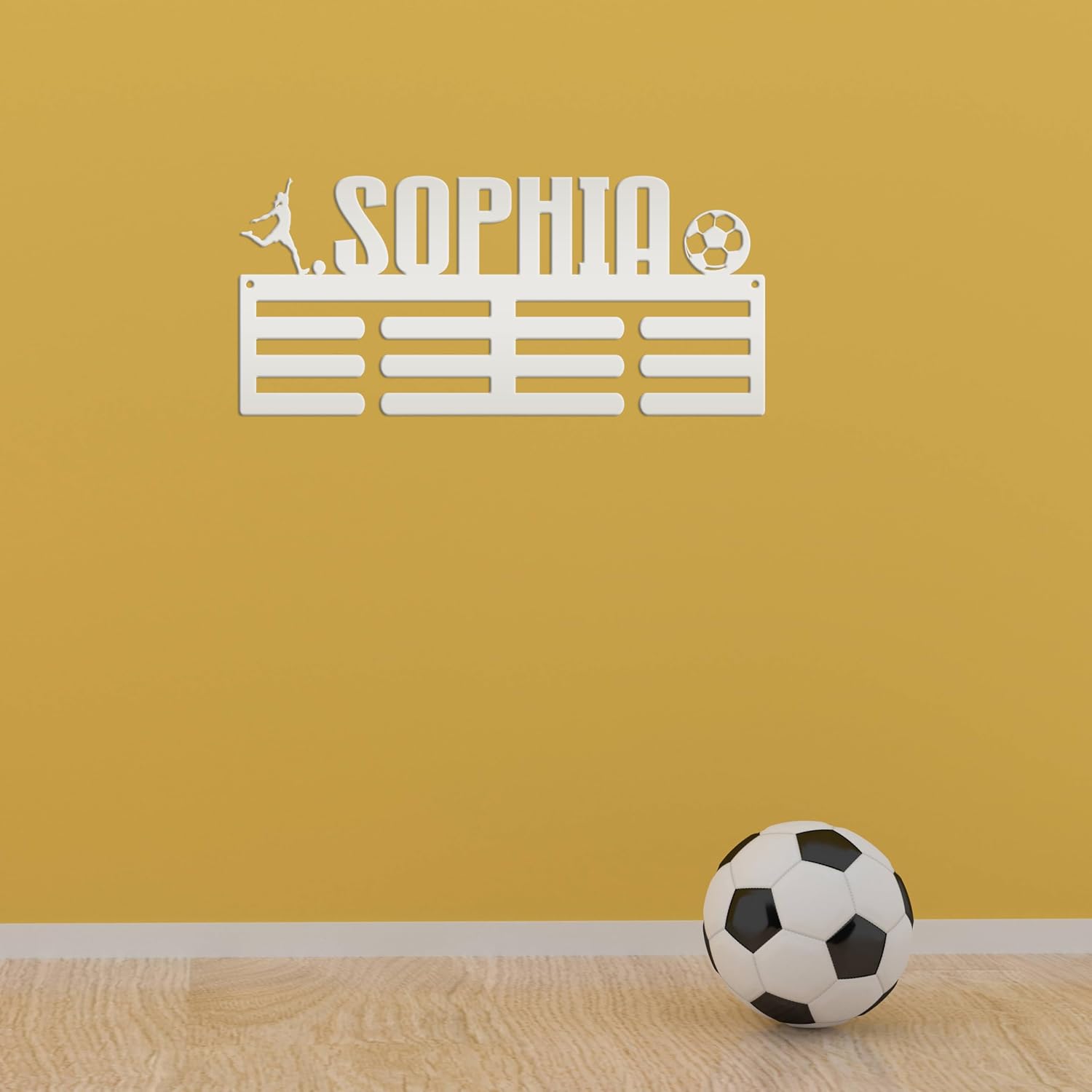 Medal Holder, Personalized Award Wall Rack, Metal Custom Name Hanging Display for Soccer Awards - Boys and Girls Sports Bedroom Sign (30 x 17 inches)