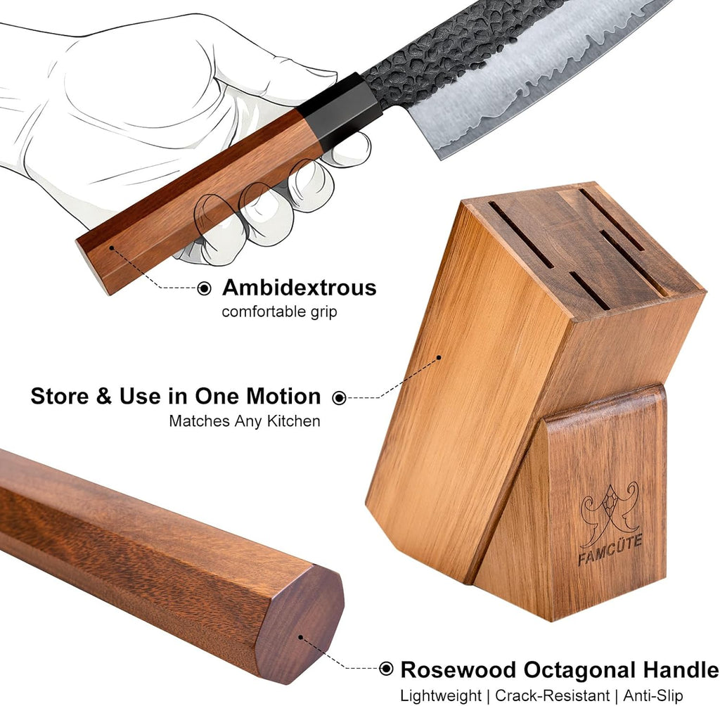 FAMCüTE Japanese Knife Block Set, Hand Forged 5-Layer 9CR18MOV Clad Steel Ultra Sharp Kitchen Knives with Wooden Storage & Rosewood Handle, Includes Chef, Santoku, Nakiri, Fruit Knife for Home Mom/Dad