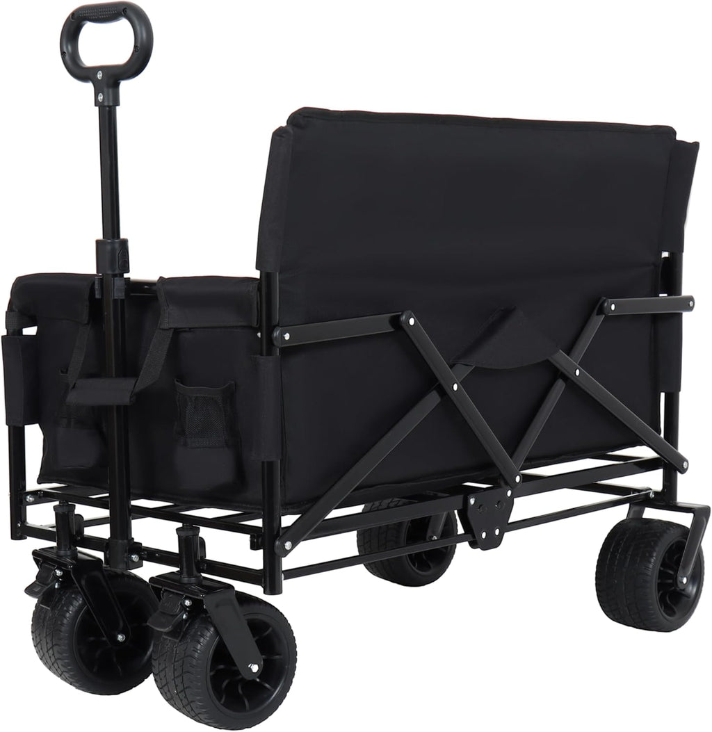 3 in 1 Convertible Folding Wagon Cart with Bench Seat Storage 500lbs Heavy Duty Utility Wagon, 180L Capacity All Terrain Wheels for Camping, Beach, Sports, Garden, Black