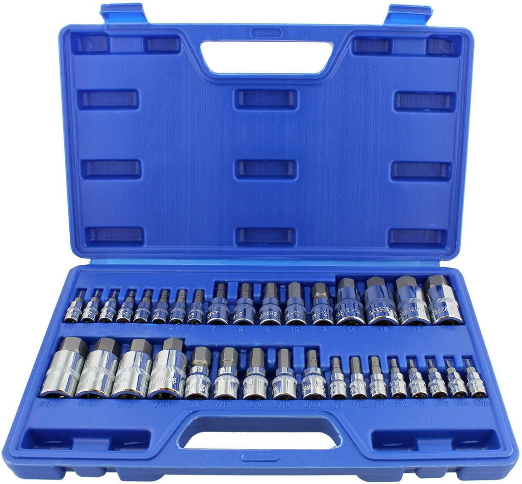 34 Piece Allen Socket Set SAE and Metric Hex Bit Set 3/8, 1/4, 1/2 Inch