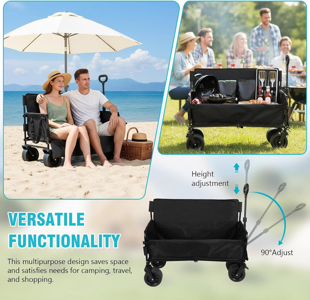 Heavy-Duty 3-in-1 Collapsible Folding Wagon, Convert to Bench, Large Capacity Beach Wagon Cart with Wheels & Adjustable Handle, Outdoor Utility Wagon for Camping, Beach, Groceries, Sports, Shopping