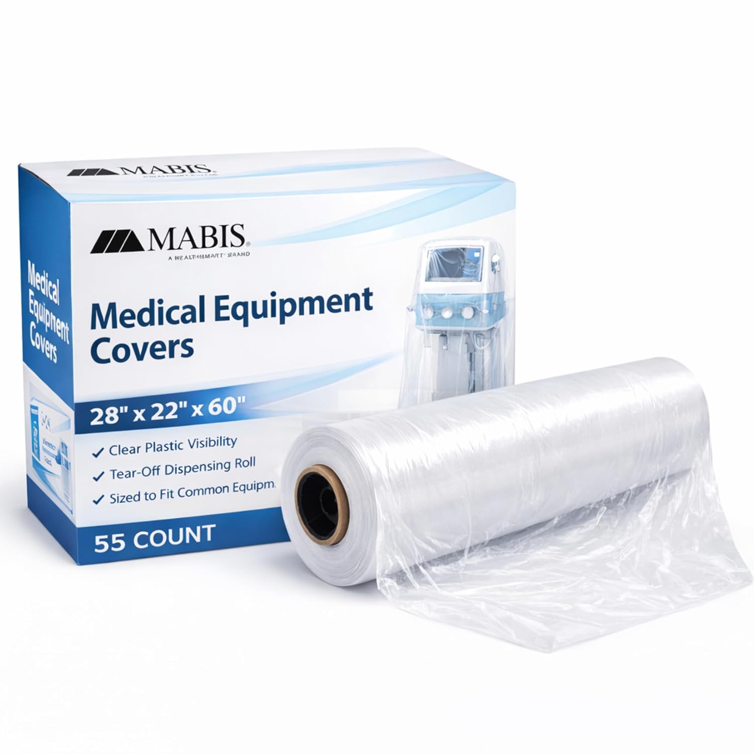 MABIS Disposable Medical Equipment Covers on Roll, Protective Dust and Moisture Barrier for Medical Devices, 28 x 22 x 60 Inch Clear Plastic, 55 Covers per Roll
