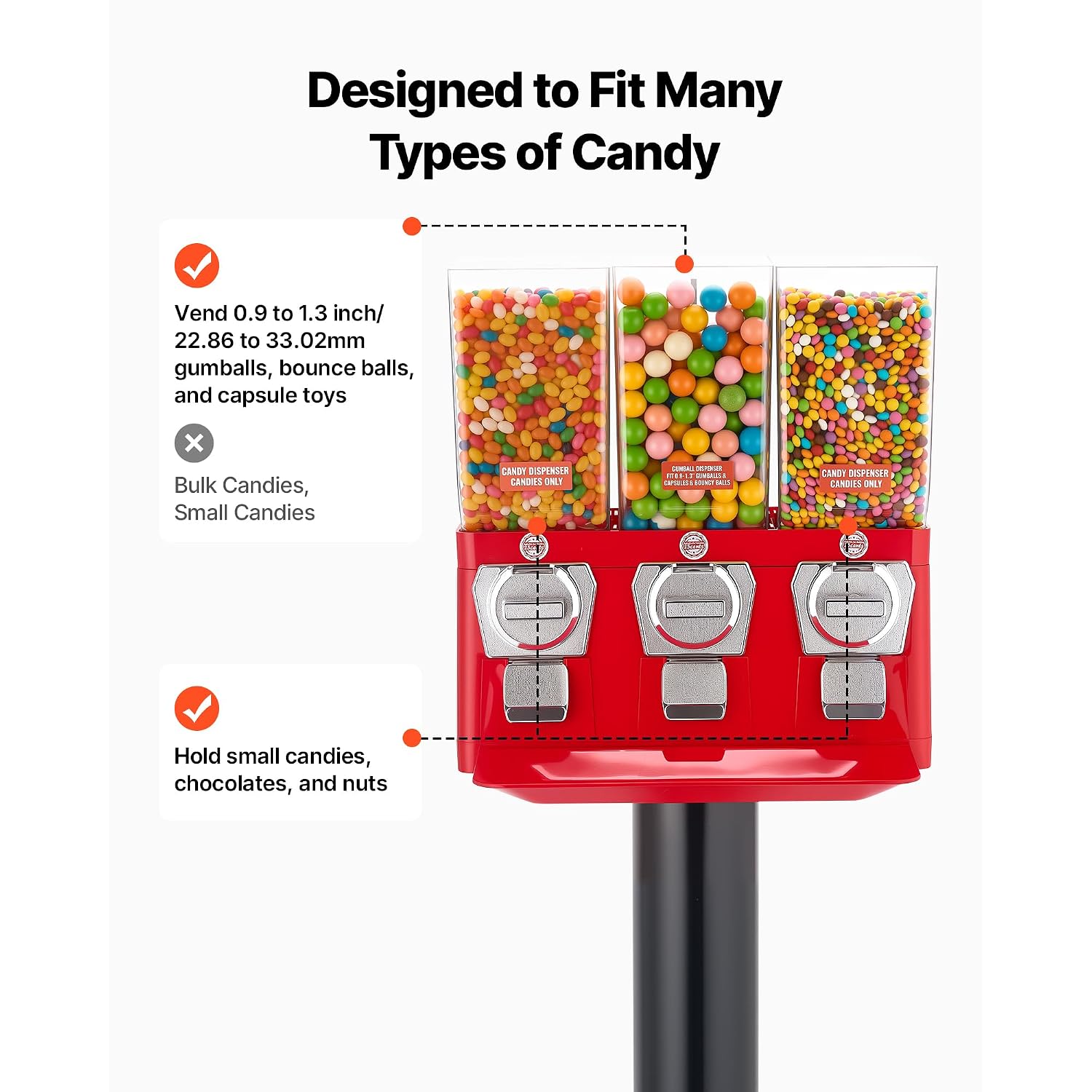 VEVOR Candy Vending Machine, Triple Compartment Candy Dispenser, Commercial Gumball and Candy Machine for Business with Iron Stand, Coin Operated Gumball Bank for Toy Capsules Bouncy Balls Candy