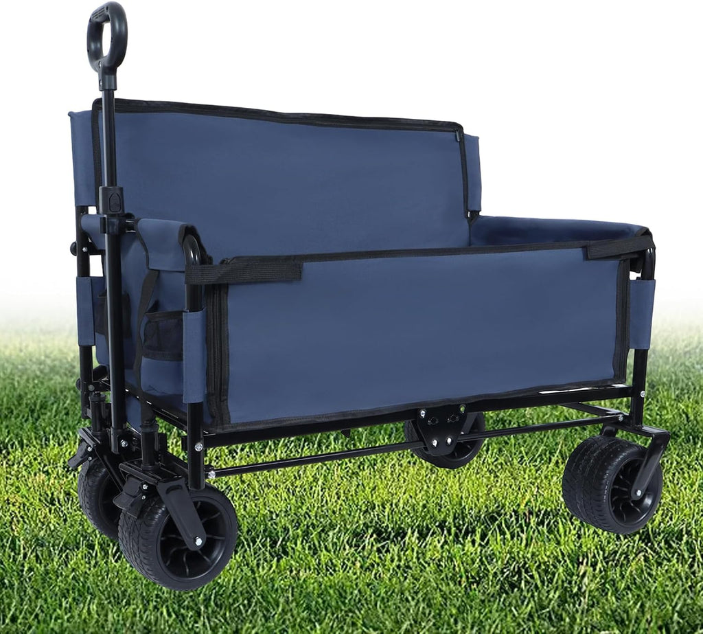 Convertible Folding Wagon Cart, 500lbs Heavy-Duty Utility Wagon with Bench Seat & Storage, 180L Capacity, All-Terrain Wheels for Camping, Beach, Sports, Garden