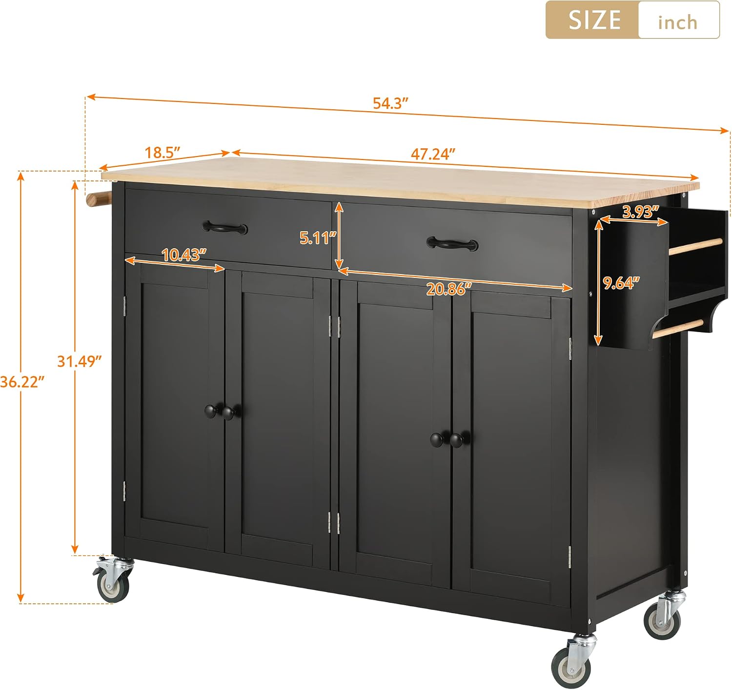 Merax 54.3' Width Kitchen Island with Storage, Rolling Kitchen Storage Islands with 4 Door Cabinet & 2 Drawers, Kitchen Cart with Solid Wood Top, Lockable Wheels, Spice Rack, and Towel Rack, Black