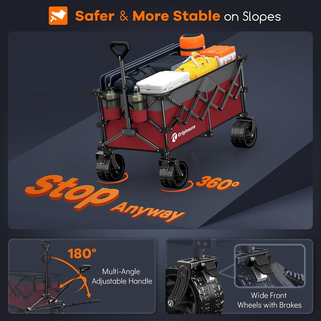 Originsure 220L Collapsible Wagon Cart Foldable, 460lbs Load Capacity Heavy Duty Folding Beach Wagons with Big All-Terrain Wheels, Utility Carts for Groceries, Camping, Sports - Grey&Burgundy