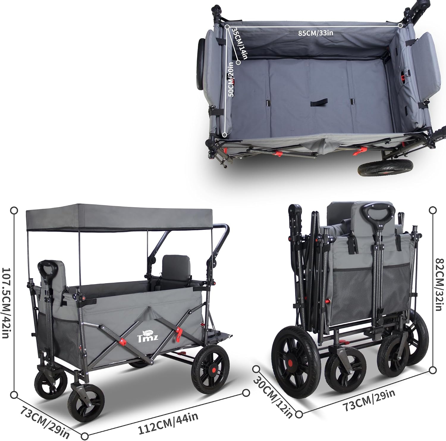 TMZ Collapsible Wagon with 2 Foldable Seats, Folding Cart with Removable Canopy, Heavy Duty Wagon 265LBS Load Capacity for Camping Garden Shopping (Grey)