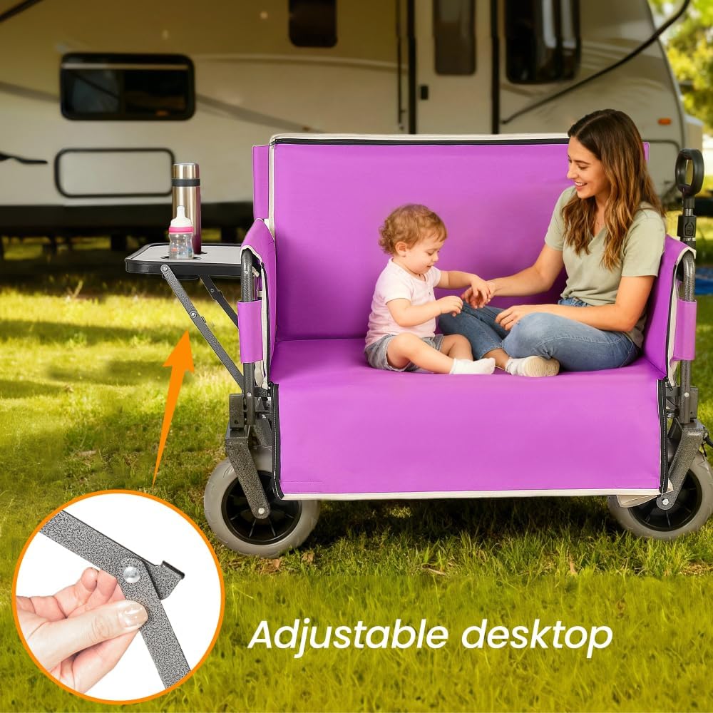Heavy-Duty Folding Wagon with Bench Seat and Rear Folding Tabletop – 500-Pound Capacity, All-Terrain Beach Wheels for Outdoor Use (Purple + Steel)