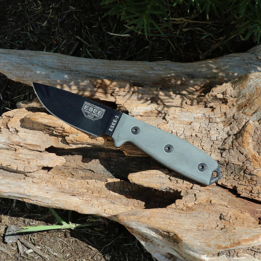 ESEE 3P Fixed Blade Knife with Grey Micarta Scale Handles and Coyote Molded Sheath