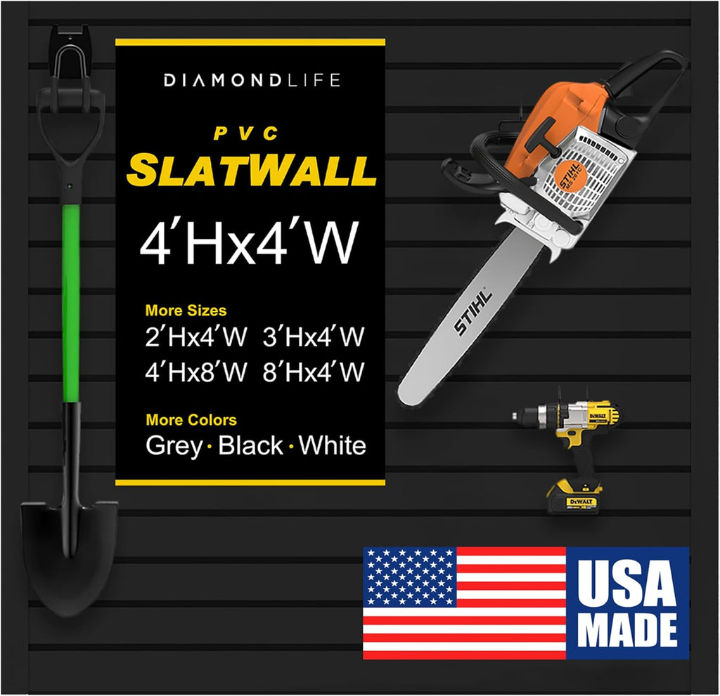 Heavy Duty 4x4 PVC Garage SlatWall Storage System (with Endcaps & Screws) - Modular Slat Wall Paneling for Garage Wall Organizer - Interlocking SlatWall Panels for Home & Commercial Use (Black)