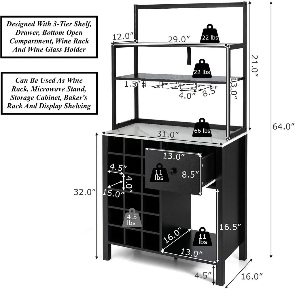 Black Kitchen Bakers Rack Pantry Microwave Stand Freestanding 18 Bottles Wine Rack with 6 Wine Glasses Holder Designed with 3 Tiers Shelf Drawer Bottom Open Compartment Anti-Toppling Design