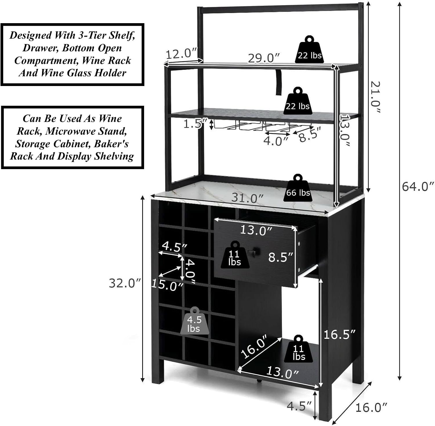 Black Kitchen Bakers Rack Pantry Microwave Stand Freestanding 18 Bottles Wine Rack with 6 Wine Glasses Holder Designed with 3 Tiers Shelf Drawer Bottom Open Compartment Anti-Toppling Design