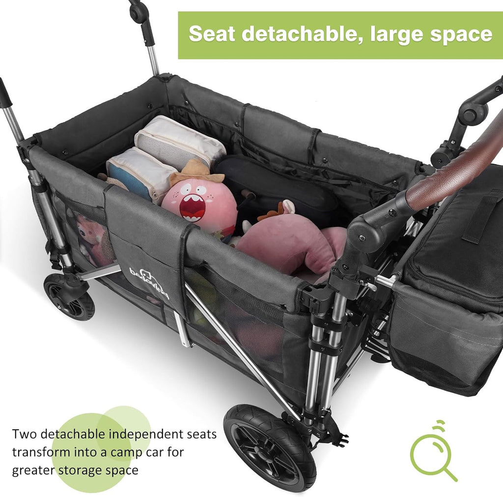 Stroller Wagon for 2 Kids, Wagon Cart Featuring 2 High Seat with 5-Point Harnesses and Adjustable Canopy, Foldable Push-Pull Rod for Garden, Camping, Grocery Cart