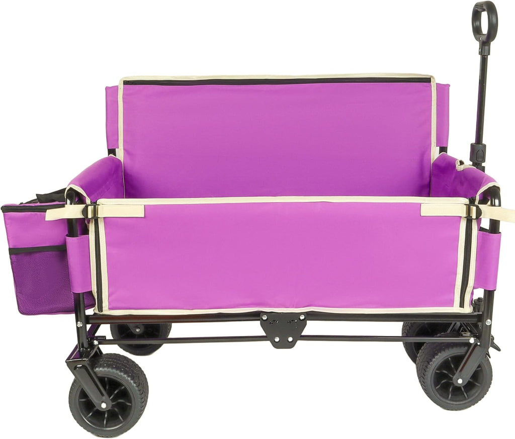 3-in-1 Heavy-Duty Folding Wagon Cart with Bench Seat & Storage - 500lbs Capacity, All-Terrain 360° Wheels, Ice Pack Included - Perfect for Camping, Beach, Sports, Garden & Outdoor Events (Purple)