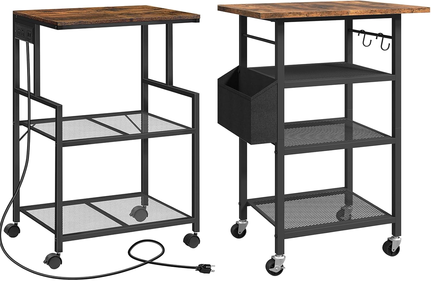 MAHANCRIS Mobile Printer Stand and 4-Tier Printer Stand Bundle, 3-Tier Industrial Printer Cart with Power Outlets and 2 USB Ports, Rolling Printer Table on Wheels, for Home Office, PTHR78E01-PTHR2601