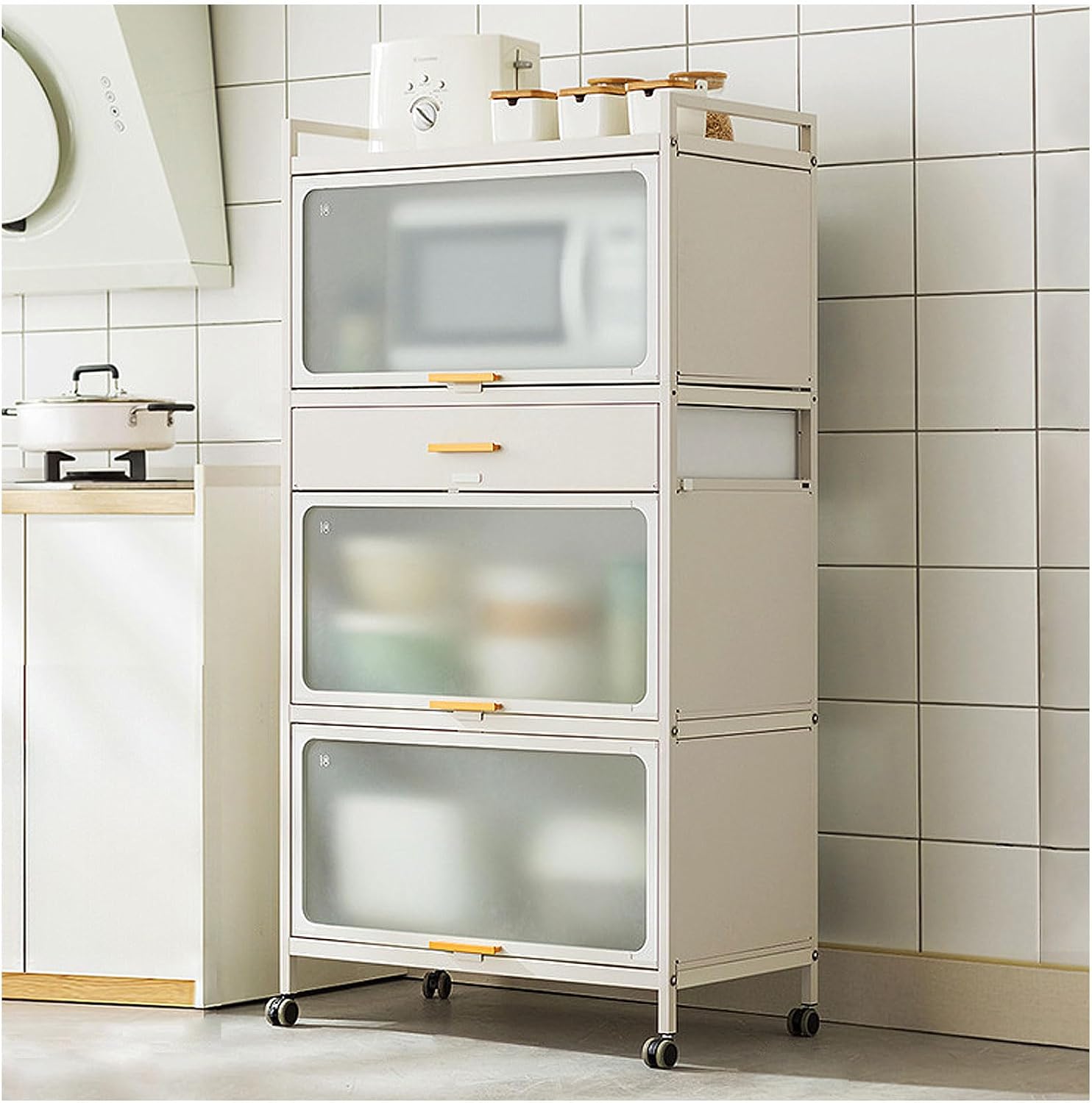 5 Tier Kitchen Bakers Rack with Flip Door Microwave Stand Drawer and Brakeable Casters White 70×135cm Office and Home Storage Solution