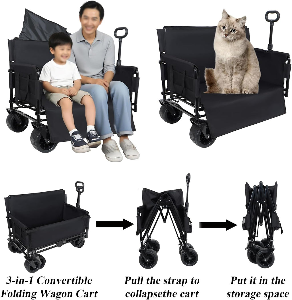 Convertible Folding Wagon Cart, 500lbs Heavy-Duty Utility Wagon with Bench Seat & Storage, 180L Capacity, All-Terrain Wheels for Camping, Beach, Sports, Garden