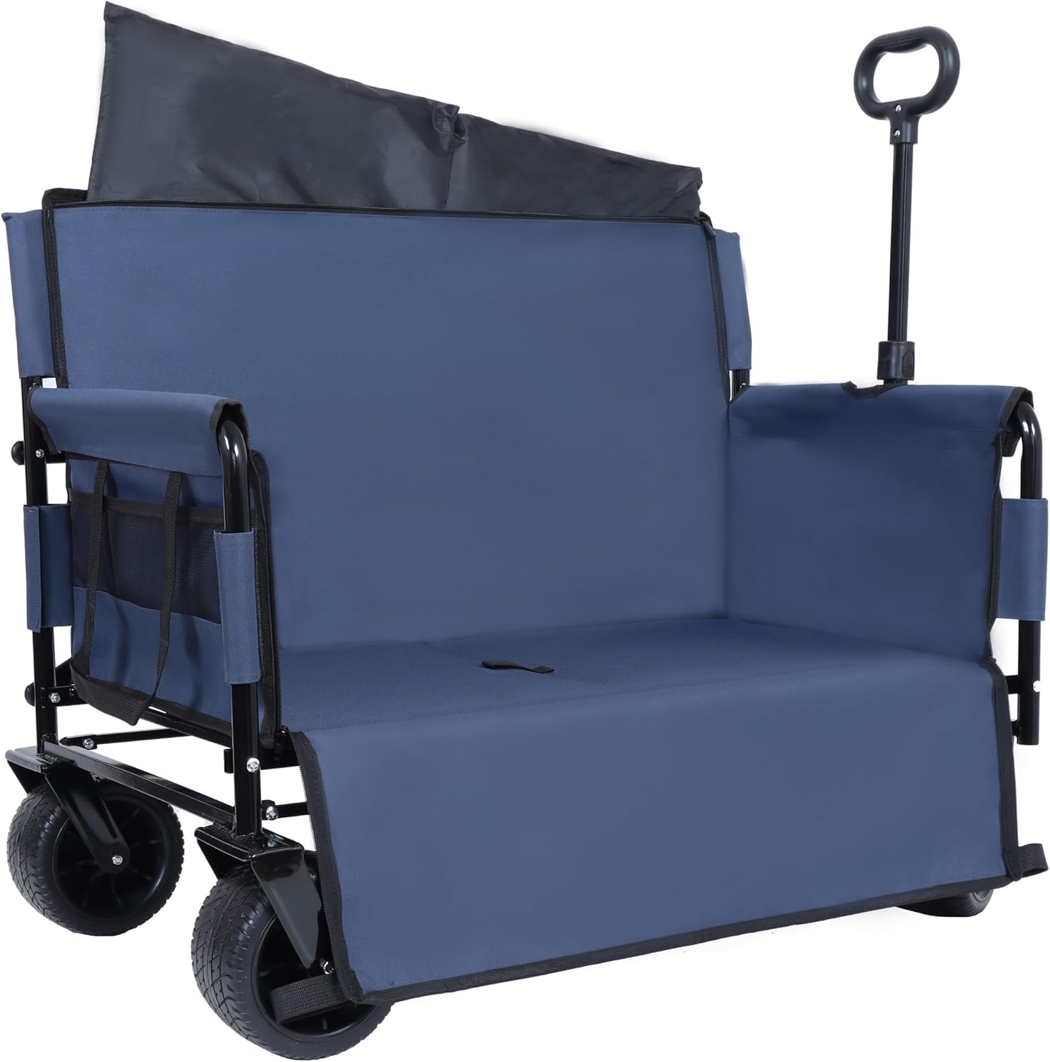 3-in-1 Heavy-Duty Convertible Folding Wagon Cart with Bench Seat & Storage – 500lb Capacity, 180L All-Terrain Wagon for Camping, Beach, Sports, & Garden – 360° Swivel Wheels (Dark Blue)