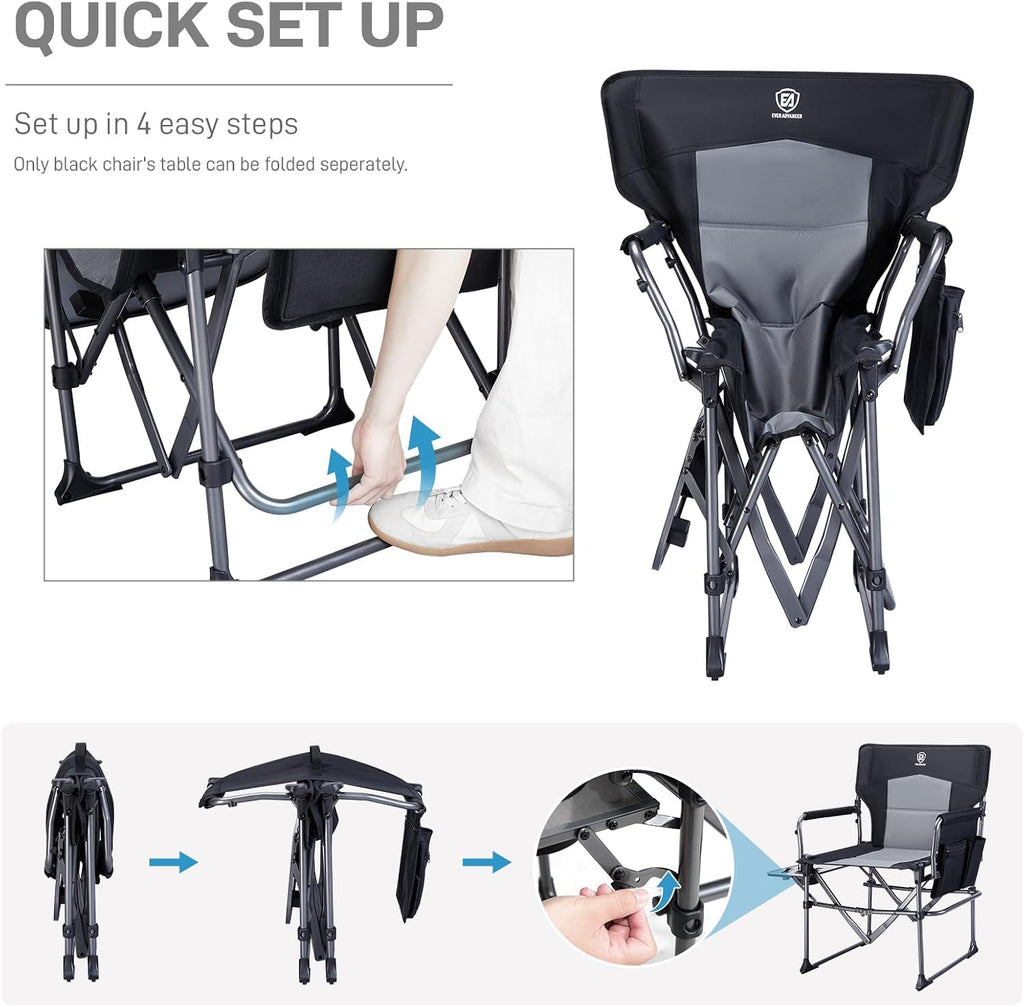 EVER ADVANCED Camping Directors' Chair with Side Table, Portable Folding with Compact Size, Heavy Duty Lawn Chair with Pocket for Camping, Lawn, Sports and Fishing, 400lbs, Black 2 Pack